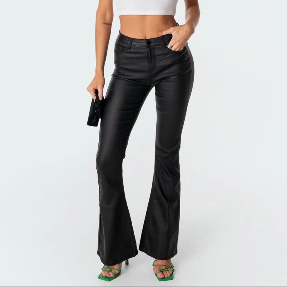 EDIKTED- LUNA FAUX LEATHER FLARE JEANS